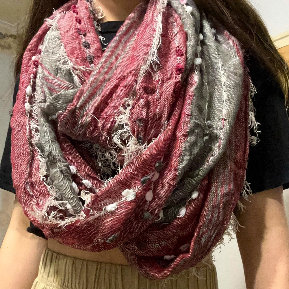 Red and Gray Women's Infinity Pom-Pom Scarf